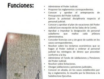 Funciones - 
Administrar el Poder Judicial.
Proponer los reglamentos correspondientes.
Conocer y aprobar el anteproyecto de Presupuesto del Poder Judicial.
Ejercer la potestad disciplinaria respecto al personal judicial.
Conocer y aprobar el plan de vacaciones del Poder Judicial (con excepción de las Salas de la Corte).
Aprobar o improbar la designación de personal subalterno que realice cada jefatura administrativa.
Conocer licencias con y sin goce de dueldo en los casos correspondientes.
Resolver sobre los reclamos económicos que se hagan al Poder Judicial y ordenar al personal judicial los reintegros de dinero que procedan conforme a la ley.
Administrar el Fondo de Jubilaciones y Pensiones del Poder Judicial.
Resolver sobre licitaciones.
Otorgar jubilaciones y pensiones judiciales.
Conocer en alzada, en los casos establecidos por ley o reglamento, lo resuelto por la Directora o la Subdirectora Ejecutiva. 

 
Consejo Superior del Poder Judicial
Departamento de Prensa y Comunicación Organizacional
Poder Judicial: fortaleza de nuestra Democracia